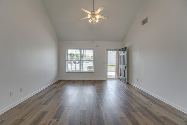 2026 Caladonia Way, Smyrna, TN 37167 - empty room with high vaulted ceiling, ceiling fan, dark wood finished floors, and baseboards