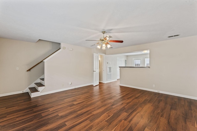304 Shoshone Pl, Murfreesboro, TN 37128 - unfurnished living room with a ceiling fan, stairs, and dark wood finished floors