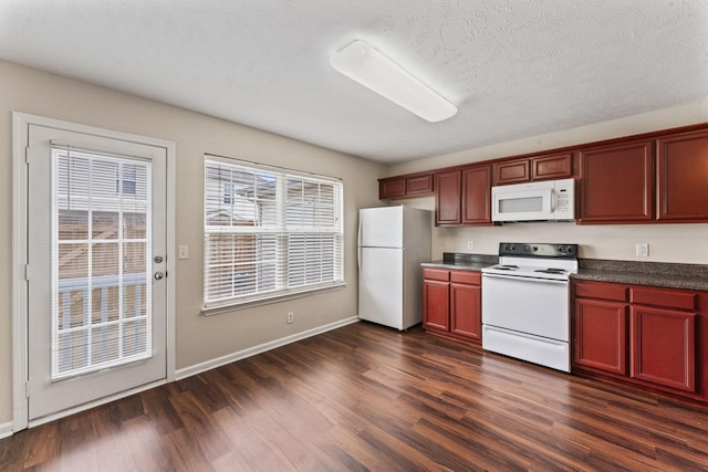 304 Shoshone Pl, Murfreesboro, TN 37128 - kitchen with white appliances, dark wood-style flooring, dark countertops, and dark brown cabinets