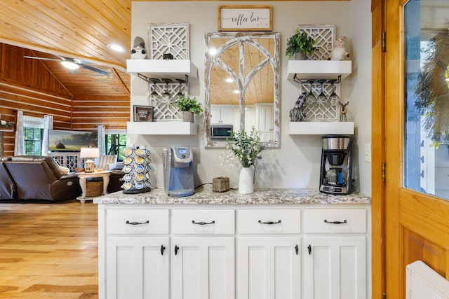 211 Hood St, Dover, TN 37058 - kitchen featuring open shelves, wood ceiling, white cabinetry, lofted ceiling, and light wood finished floors
