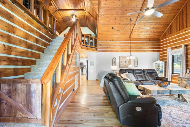 211 Hood St, Dover, TN 37058 - living area featuring a ceiling fan, wooden ceiling, wood finished floors, stairway, and high vaulted ceiling