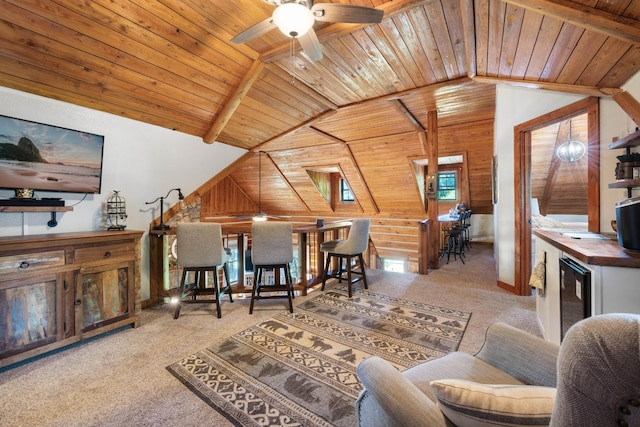 211 Hood St, Dover, TN 37058 - carpeted living room with wine cooler, a ceiling fan, wooden ceiling, wooden walls, and lofted ceiling