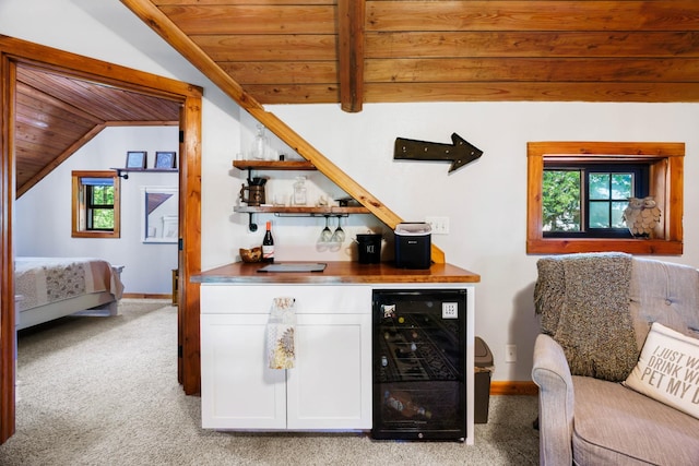 211 Hood St, Dover, TN 37058 - indoor dry bar featuring beverage cooler, wood ceiling, vaulted ceiling, light carpet, and baseboards