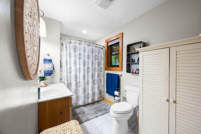 211 Hood St, Dover, TN 37058 - bathroom featuring vanity, toilet, curtained shower, and tile patterned floors