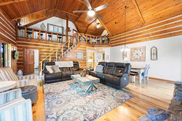 211 Hood St, Dover, TN 37058 - living area featuring high vaulted ceiling, wood ceiling, stairway, baseboards, and wood finished floors