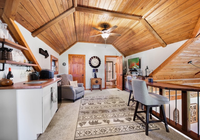 211 Hood St, Dover, TN 37058 - office area featuring wood ceiling, light carpet, and ceiling fan