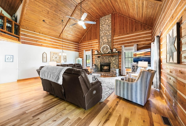 211 Hood St, Dover, TN 37058 - living area featuring high vaulted ceiling, healthy amount of natural light, a ceiling fan, wood finished floors, and wooden ceiling