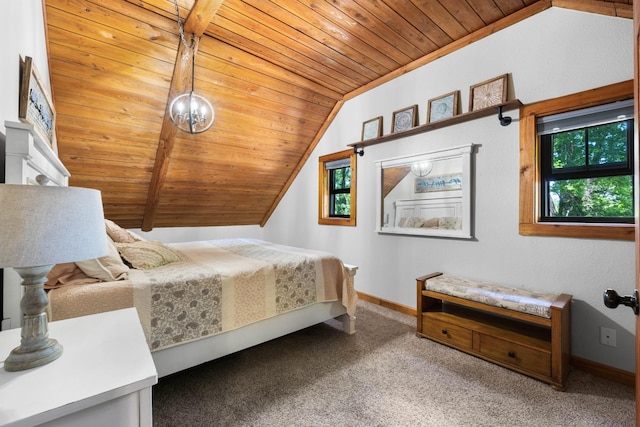 211 Hood St, Dover, TN 37058 - carpeted bedroom featuring wood ceiling, lofted ceiling, baseboards, and a chandelier
