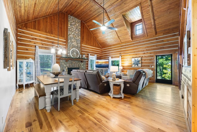 211 Hood St, Dover, TN 37058 - living room with a fireplace, high vaulted ceiling, a ceiling fan, hardwood / wood-style flooring, and wooden ceiling