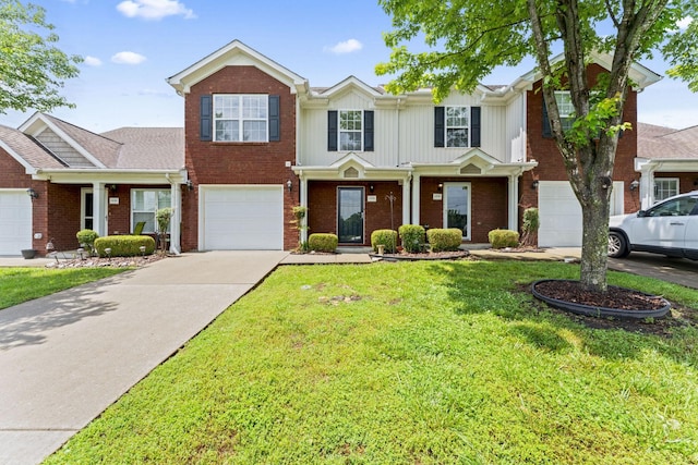1036 Harold Lee Dr, Smyrna, TN 37167 - view of front of house featuring driveway, a front lawn, an attached garage, brick siding, and board and batten siding