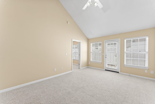1036 Harold Lee Dr, Smyrna, TN 37167 - unfurnished room with light carpet, baseboards, a ceiling fan, and high vaulted ceiling