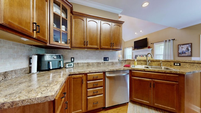 1032 Stonehollow Way, Mount Juliet, TN 37122 - kitchen with dishwasher, a sink, a peninsula, brown cabinetry, and ornamental molding