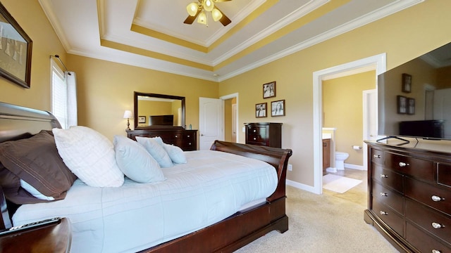 1032 Stonehollow Way, Mount Juliet, TN 37122 - bedroom with a tray ceiling, crown molding, light carpet, ensuite bathroom, and ceiling fan