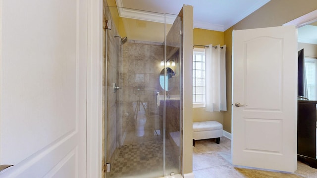1032 Stonehollow Way, Mount Juliet, TN 37122 - full bathroom featuring a shower stall, ornamental molding, baseboards, and tile patterned floors