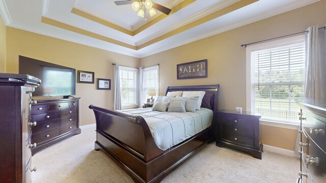 1032 Stonehollow Way, Mount Juliet, TN 37122 - bedroom with light carpet, multiple windows, crown molding, baseboards, and a tray ceiling