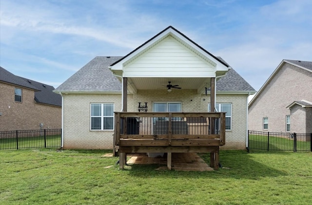 720 Jersey Dr, Clarksville, TN 37043 - rear view of property with ceiling fan, brick siding, a wooden deck, and roof with shingles