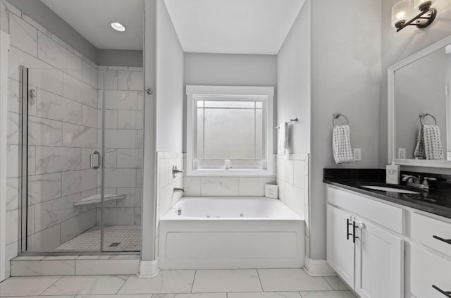 720 Jersey Dr, Clarksville, TN 37043 - bathroom featuring marble finish floors, vanity, a shower stall, and a bath