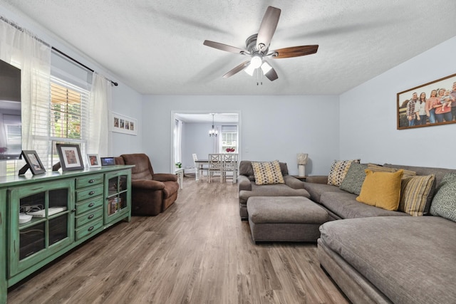 530 Maplewood Dr, Cornersville, TN 37047 - living room featuring wood finished floors, a chandelier, a textured ceiling, and ceiling fan