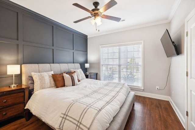 816 General Cabot Ct, Murfreesboro, TN 37129 - bedroom featuring baseboards, ornamental molding, dark wood-type flooring, and ceiling fan