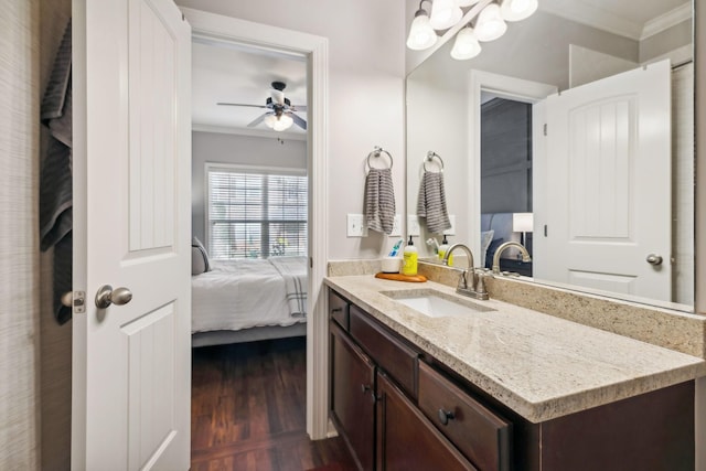 816 General Cabot Ct, Murfreesboro, TN 37129 - bathroom with crown molding, ensuite bath, a ceiling fan, wood finished floors, and vanity