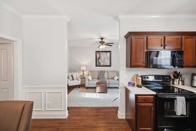 816 General Cabot Ct, Murfreesboro, TN 37129 - kitchen with black appliances, a ceiling fan, light countertops, ornamental molding, and dark wood finished floors