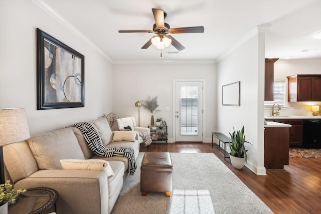 816 General Cabot Ct, Murfreesboro, TN 37129 - living area with crown molding, a ceiling fan, dark wood-type flooring, and baseboards