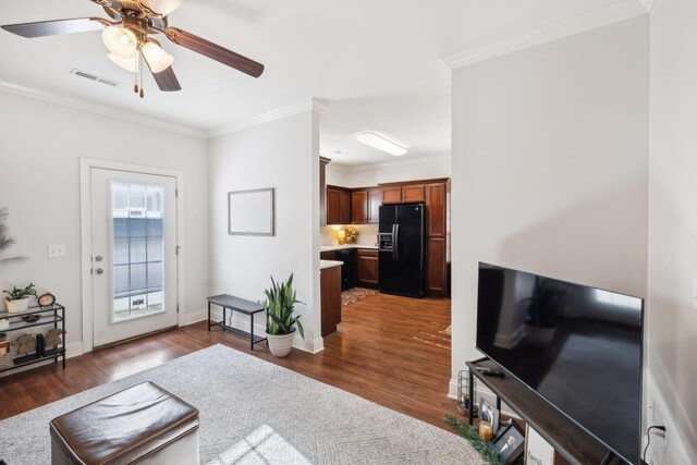816 General Cabot Ct, Murfreesboro, TN 37129 - living room with crown molding, a ceiling fan, dark wood-style flooring, and baseboards