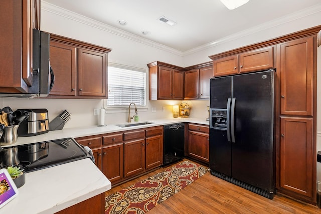 816 General Cabot Ct, Murfreesboro, TN 37129 - kitchen featuring black appliances, a sink, wood finished floors, light countertops, and ornamental molding