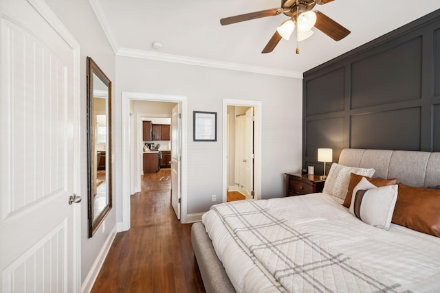 816 General Cabot Ct, Murfreesboro, TN 37129 - bedroom with crown molding, dark wood-style flooring, baseboards, ceiling fan, and connected bathroom