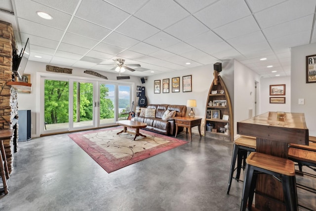 225 Ferguson Creek Rd, Sparta, TN 38583 - living area featuring finished concrete floors, a paneled ceiling, ceiling fan, and recessed lighting