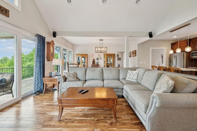 225 Ferguson Creek Rd, Sparta, TN 38583 - living room with light wood finished floors, recessed lighting, a chandelier, and high vaulted ceiling