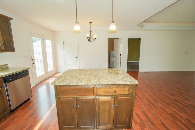 41 Haven Way, Westmoreland, TN 37186 - kitchen featuring dishwasher, dark wood-style flooring, decorative light fixtures, a chandelier, and open floor plan
