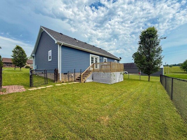 41 Haven Way, Westmoreland, TN 37186 - back of house featuring a wooden deck, a gate, crawl space, stairway, and a shingled roof