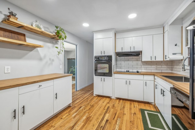 808 Winthorne Ct, Nashville, TN 37217 - kitchen with black appliances, butcher block counters, open shelves, white cabinetry, and recessed lighting