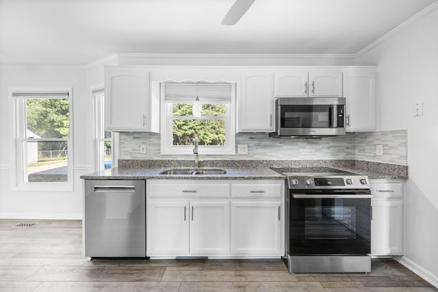 2746 Field Ct, Woodlawn, TN 37191 - kitchen with appliances with stainless steel finishes, a sink, dark stone countertops, wood finished floors, and crown molding
