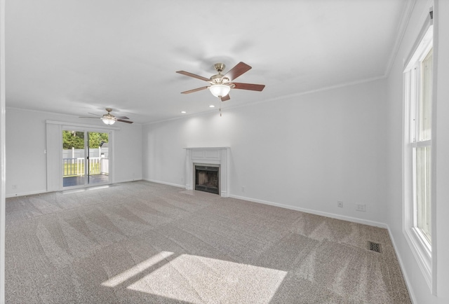 2746 Field Ct, Woodlawn, TN 37191 - unfurnished living room with carpet flooring, ceiling fan, baseboards, and a fireplace with flush hearth