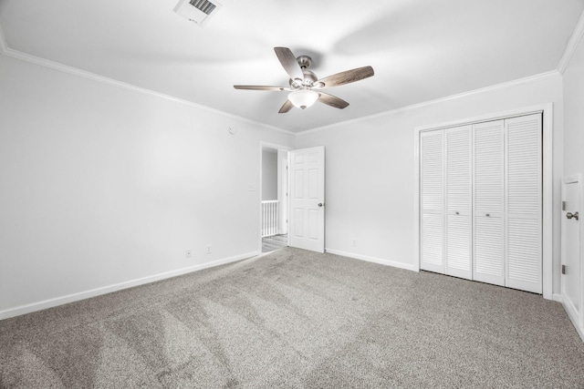 2746 Field Ct, Woodlawn, TN 37191 - unfurnished bedroom featuring ornamental molding, carpet, baseboards, a closet, and a ceiling fan