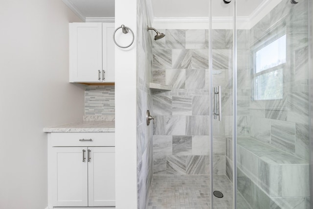 2746 Field Ct, Woodlawn, TN 37191 - bathroom featuring ornamental molding, a shower stall, and decorative backsplash