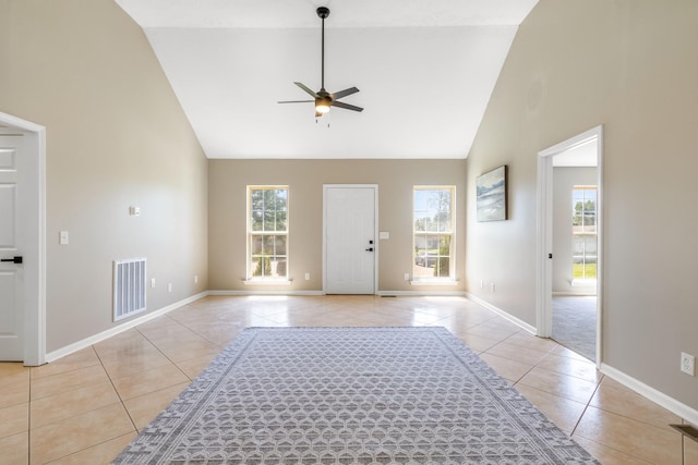 2549 Hillingdon Dr, Murfreesboro, TN 37127 - entrance foyer with high vaulted ceiling, light tile patterned flooring, a ceiling fan, healthy amount of natural light, and baseboards