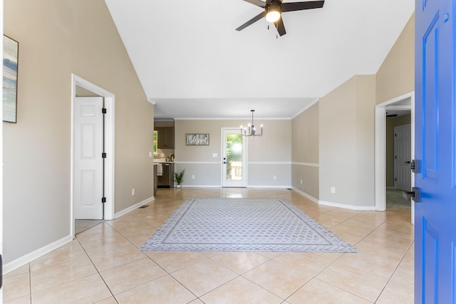 2549 Hillingdon Dr, Murfreesboro, TN 37127 - unfurnished room featuring a chandelier, ceiling fan, light tile patterned floors, baseboards, and vaulted ceiling