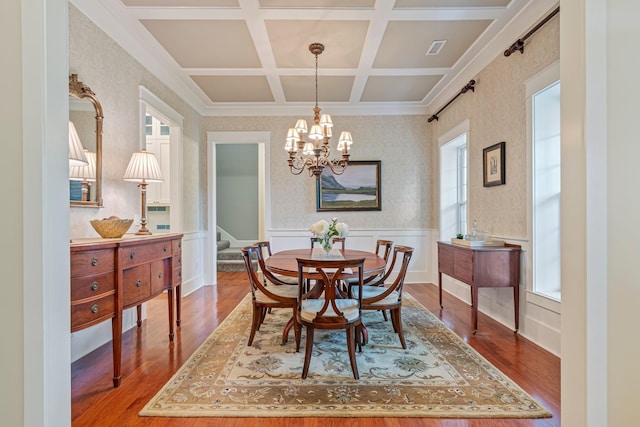 2111 Lovelace Ln, Murfreesboro, TN 37130 - dining room with wood finished floors, a chandelier, stairs, coffered ceiling, and wainscoting