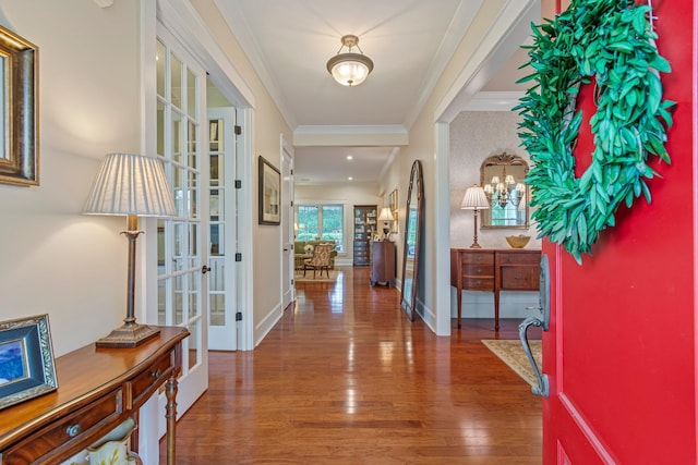 2111 Lovelace Ln, Murfreesboro, TN 37130 - entrance foyer with french doors, crown molding, wood finished floors, baseboards, and a chandelier