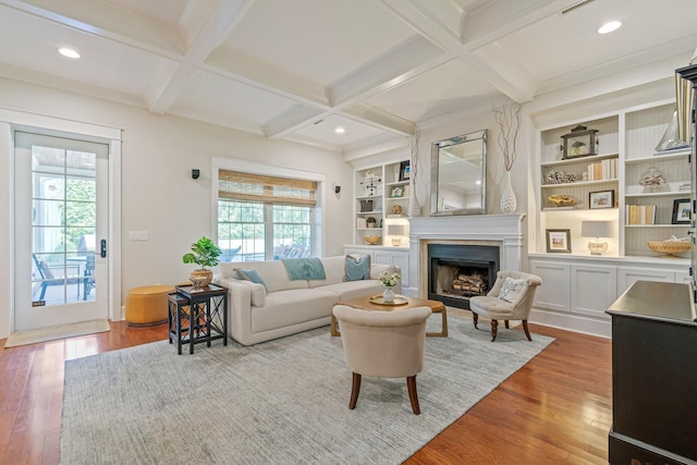 2111 Lovelace Ln, Murfreesboro, TN 37130 - living area featuring healthy amount of natural light, wood finished floors, coffered ceiling, beamed ceiling, and recessed lighting