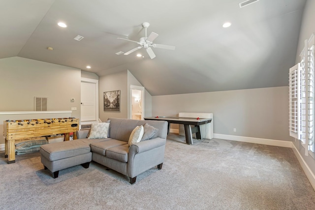 2111 Lovelace Ln, Murfreesboro, TN 37130 - carpeted living area featuring lofted ceiling, baseboards, ceiling fan, and recessed lighting