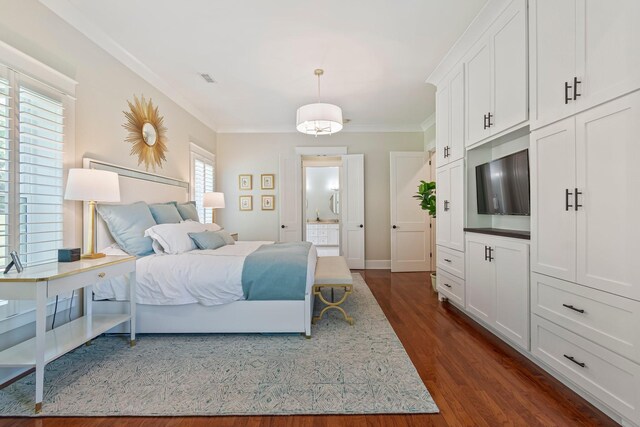 2111 Lovelace Ln, Murfreesboro, TN 37130 - bedroom with ornamental molding, dark wood-style flooring, baseboards, and ensuite bath