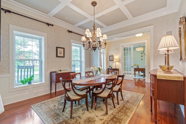 2111 Lovelace Ln, Murfreesboro, TN 37130 - dining area with hardwood / wood-style flooring, coffered ceiling, a chandelier, beam ceiling, and wallpapered walls