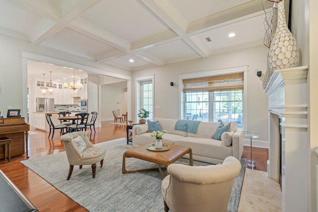 2111 Lovelace Ln, Murfreesboro, TN 37130 - living room with a chandelier, a fireplace, coffered ceiling, recessed lighting, and beamed ceiling
