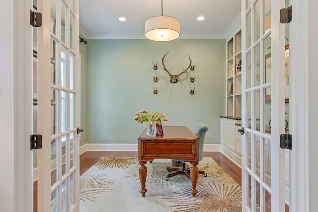 2111 Lovelace Ln, Murfreesboro, TN 37130 - office space with french doors, dark wood-style floors, crown molding, baseboards, and recessed lighting