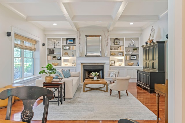 2111 Lovelace Ln, Murfreesboro, TN 37130 - living room featuring wood finished floors, built in features, coffered ceiling, beamed ceiling, and a fireplace