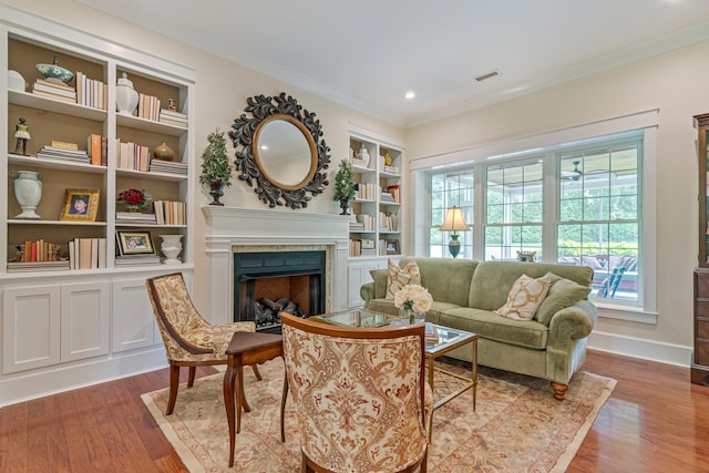 2111 Lovelace Ln, Murfreesboro, TN 37130 - living room featuring ornamental molding, wood finished floors, healthy amount of natural light, a fireplace, and recessed lighting